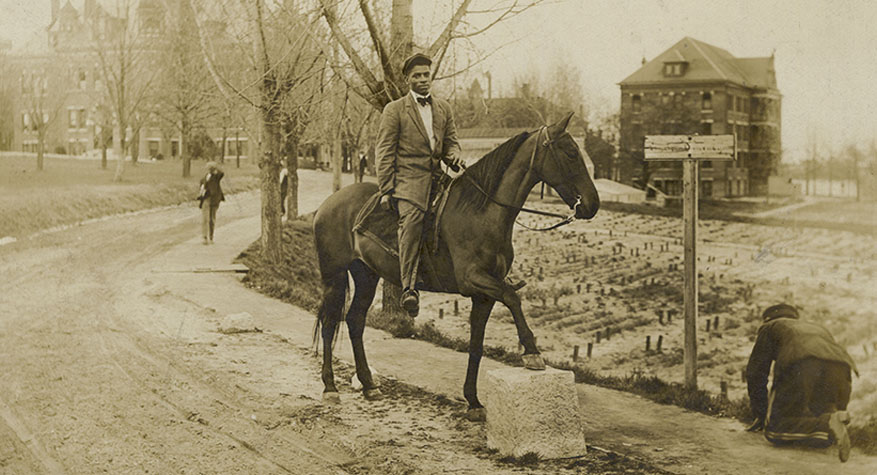 Historic photo of black man on horse on A&T campus