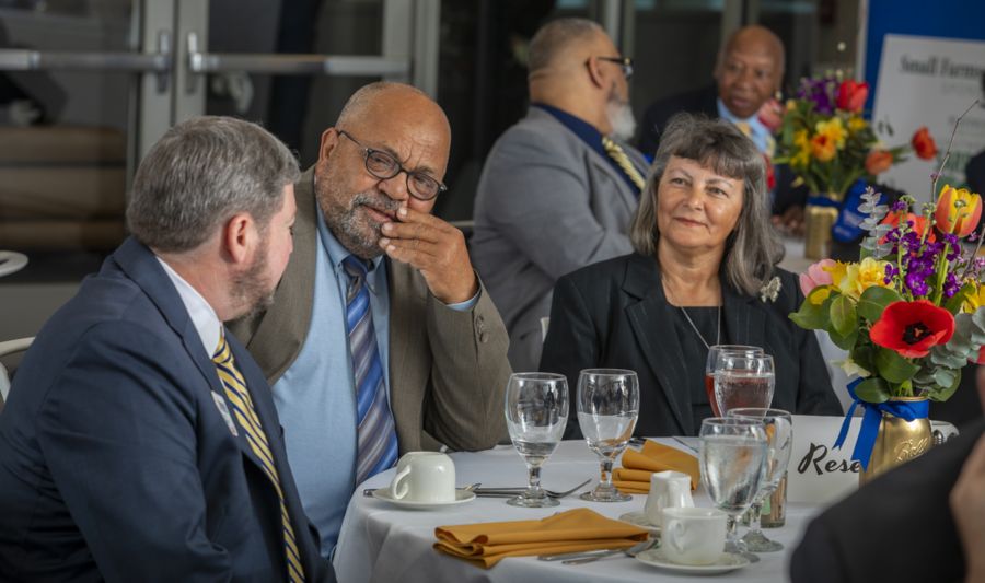 Individuals sitting at a table having lunch.