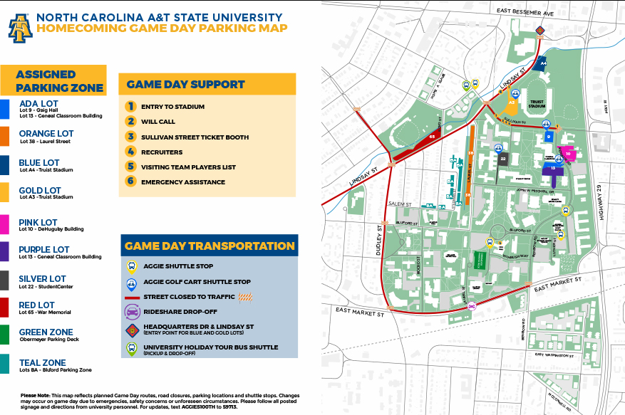 North Carolina A&T State University Homecoming Game Day Parking Map showing assigned parking zones, shuttle stops, rideshare locations, stadium access points, road closures, and transportation services around the university campus and Truist Stadium. Color-coded parking areas identify ADA, Orange, Blue, Gold, Pink, Purple, Silver, Red, Green, and Teal parking zones. The map highlights street closures, Aggie shuttle stops, golf cart shuttle stops, a rideshare drop-off location, ticket booth locations, emergency assistance, and university tour bus shuttle service for Homecoming game day visitors.