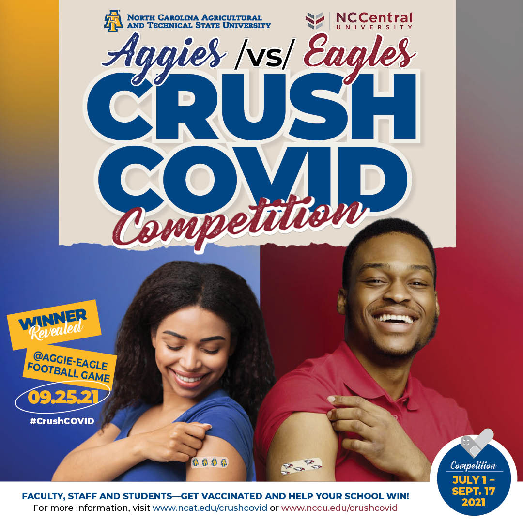 Female wearing blue shirt showing band-aid, Mail wearing burgundy shirt.with showing bandaid. Aggies vs Eagles Crush Covid Competition. Winner revealed @ Aggie-Eagle Football game, 09.25.21 #CrushCOVID Faculty, Staff and Studetns Get Vaccinated and Help Your School Win! For more information, visit www.ncat.edu/crushcovd or www.nccu.edu/crushcovid