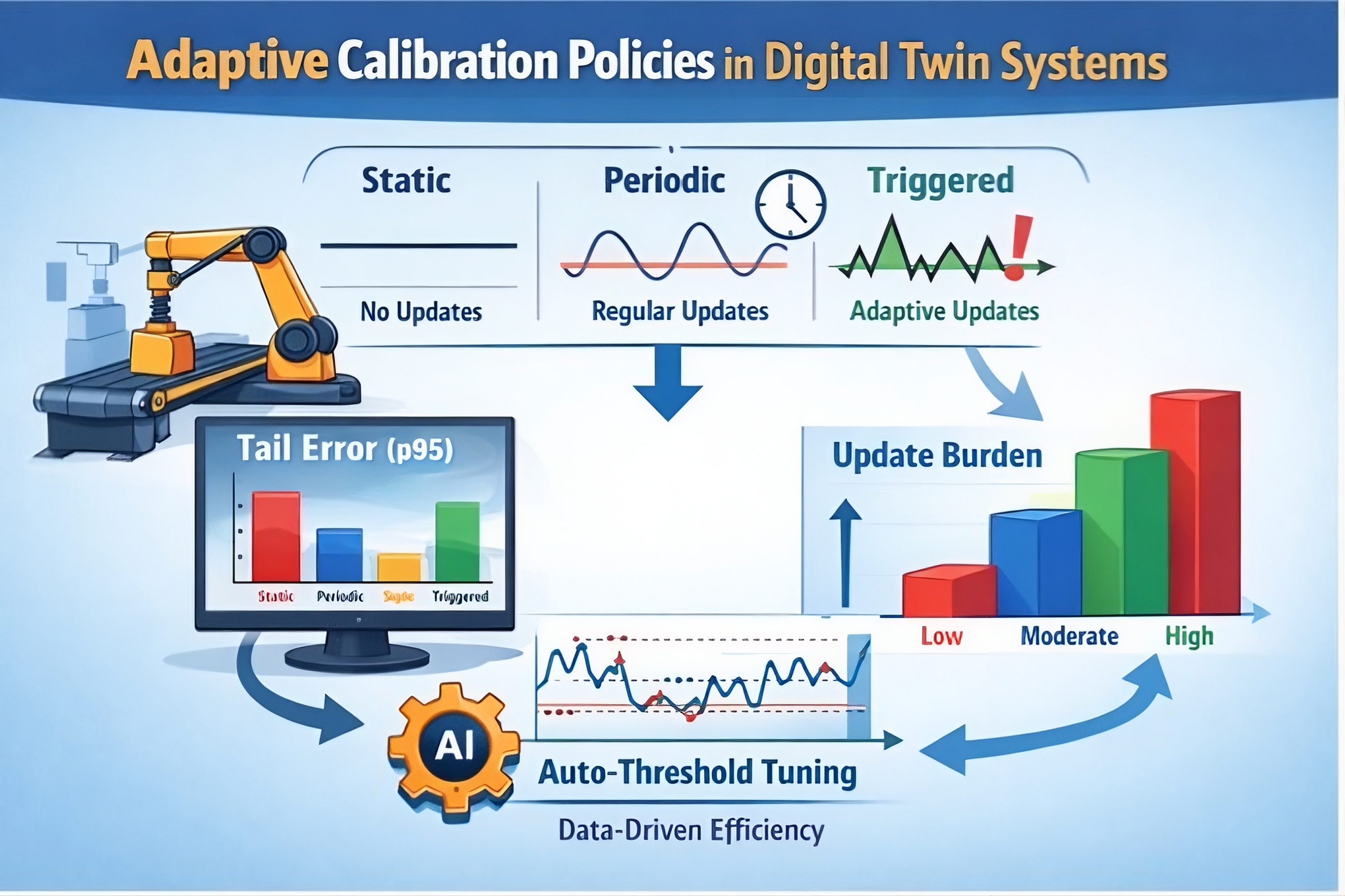 An infographic-style diagram titled "Adaptive Calibration Policies in Digital Twin Systems." The diagram is a workflow comparing different ways to update a digital model of an industrial robot arm and conveyor belt.  The workflow begins with an industrial robot arm next to a conveyor belt. From this, three distinct "Calibration Policies" are bracketed:  Static: Represented by a flat, horizontal line, labeled "Static" and "No Updates."  Periodic: Represented by a sine wave and a clock icon, labeled "Periodic" and "Regular Updates."  Triggered: Represented by a jagged, spiky line with a red exclamation mark and an arrow, labeled "Triggered" and "Adaptive Updates."  From these policy definitions, arrows point downwards to two key performance indicators:  On the left, a computer screen displays a bar chart titled "Tail Error (p95)". The chart shows color-coded bars for Static, Periodic, and Triggered, suggesting that a Triggered approach can lower the tail error (the highest 5% of errors).  On the right, a bar chart titled "Update Burden" shows color-coded bars with labels Low, Moderate, and High.  Below these charts, an overarching loop is depicted, with arrows connecting the "Tail Error (p95)" chart and the "Update Burden" chart to an AI optimization block:  This block is an AI gear icon, indicating artificial intelligence.  An arrow from the AI points to a graph of a wavy line with many small labeled data points, titled "Auto-Threshold Tuning." The text below is "Data-Driven Efficiency."  Another arrow points from this "Auto-Threshold Tuning" section back up towards the "Triggered" adaptive update section, indicating a continuous feedback loop.  The entire diagram illustrates how an AI-driven approach, through Auto-Threshold Tuning based on system data, continuously optimizes a Triggered calibration policy to achieve data-driven efficiency, minimizing both error and update burden.