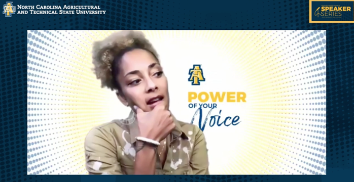Amanda Seales speaking during virtual speaker series