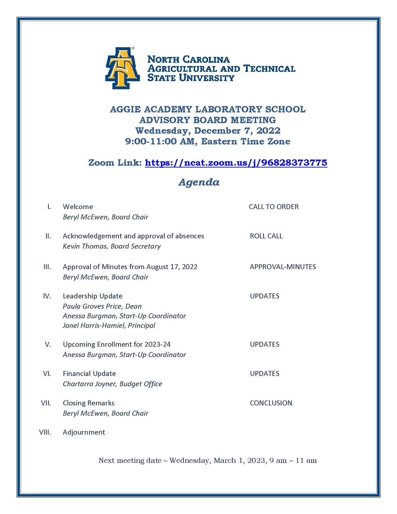 December Board Agenda