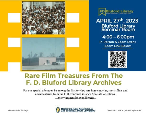 Rare films event flyer with time, date, location, Zoom link and QR code