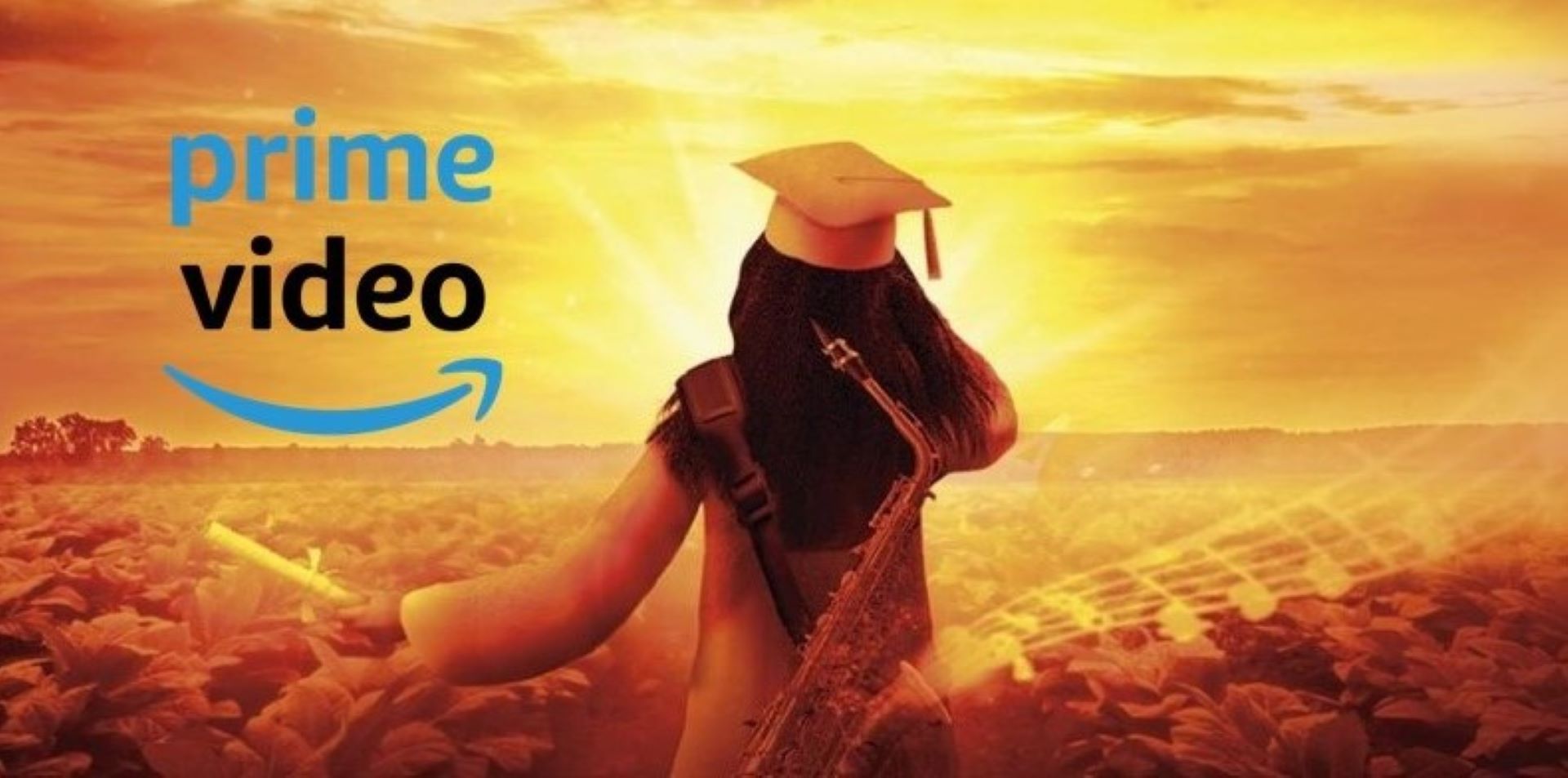 Prime video signage poster artwork with female student back to camera in cap and gown holding diploma with saxophone on her back