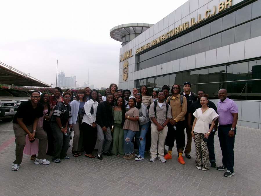 Students and Professor Antwon Foreman in Dubai visiting a perfume manufacturer.