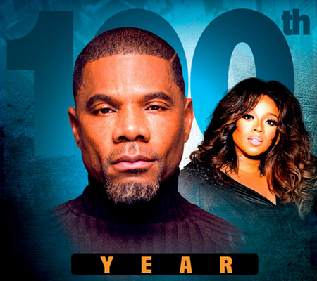 Kirk Franklin and Kierra Sheard Kelly with "100th" in the background behind their faces and the word "year" below