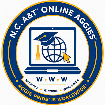 Logo reading "N.C A&T ONLINE AGGIES, W-W-W: WORKING. WINNING. WORLDWIDE., AGGIE PRIDE IS WORLDWIDE