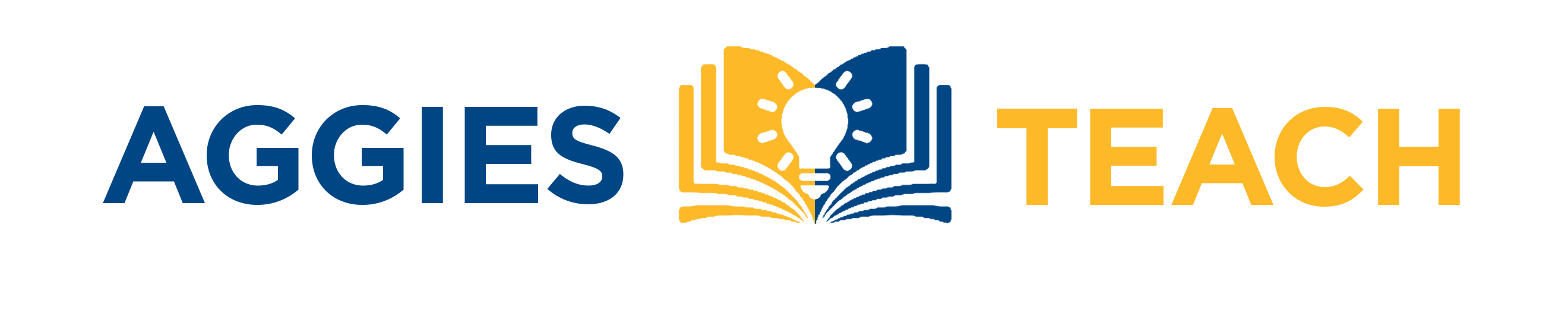 Aggies Teach logo: Aggies Teach text with lightbulb over open book