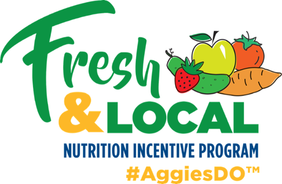 Fresh & Local Nutrition Incentive Program text on logo with AggfiesDo hashtag and assorted fruits and vegetables to the right of the text
