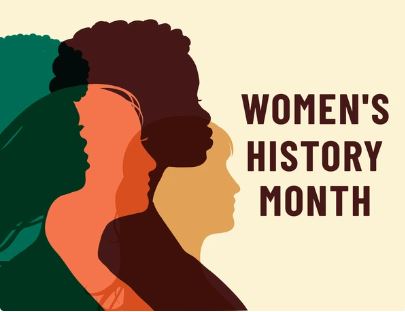 Women's History Month graphic with women's silhouettes overlaid on the left